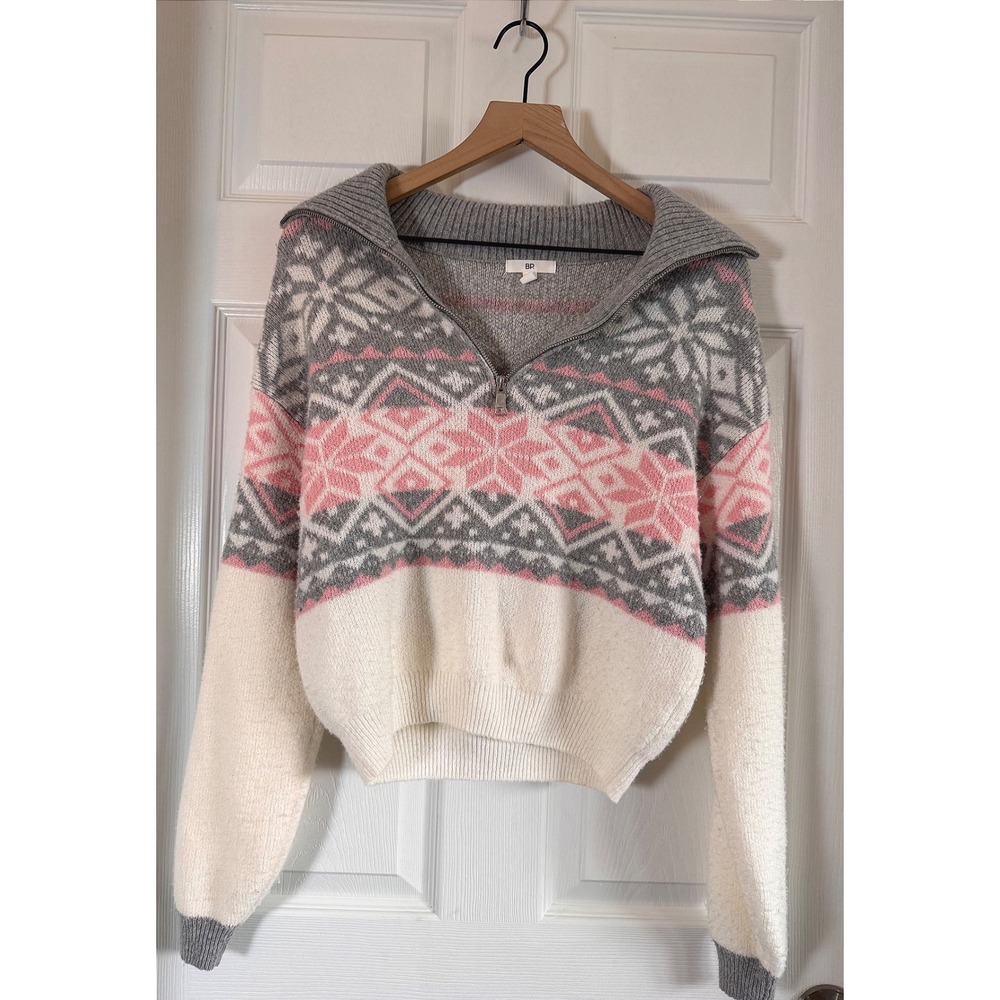 BP Quarter Zip Sweater Women Small Pink Gray‎ Fair Isle Pullover Nordic